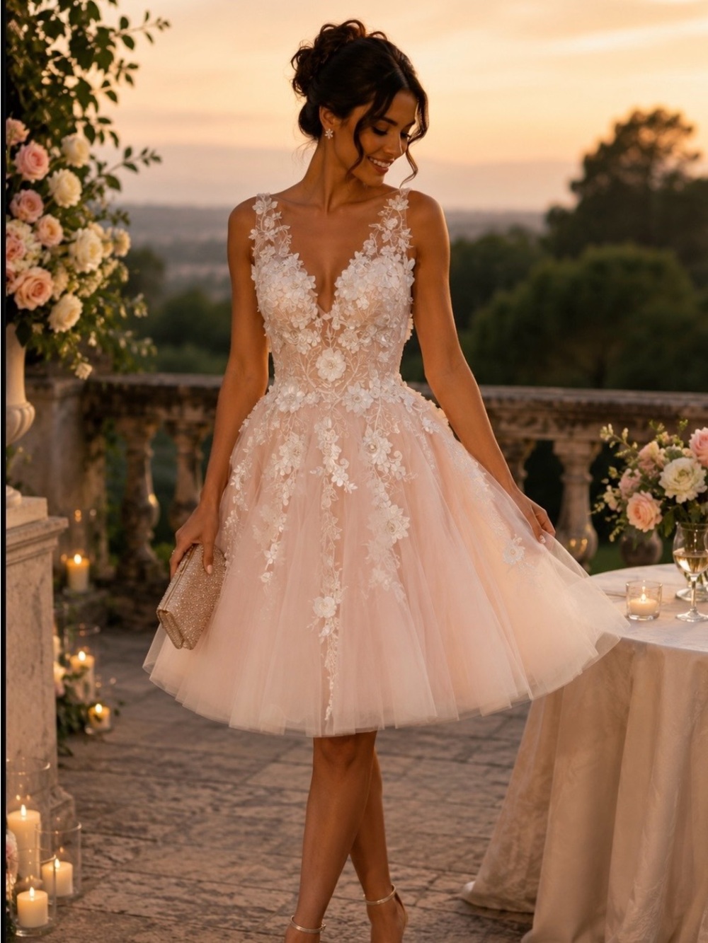 Jovani Blush Pink Floral Appliqué Mini Dress
